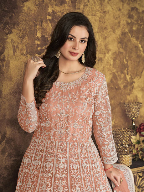 Dusty Peach Butterfly Net Embroidered Anarkali Suit - Vamzn#