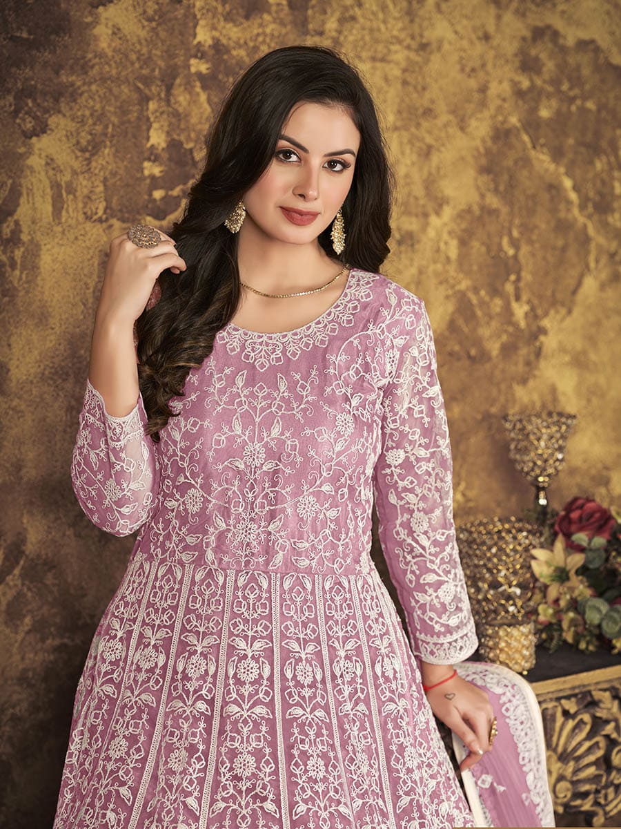 Dusty Pink Butterfly Net Embroidered Anarkali Suit - Vamzn#