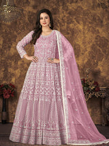 Dusty Pink Butterfly Net Embroidered Anarkali Suit - Vamzn#