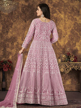 Dusty Pink Butterfly Net Embroidered Anarkali Suit - Vamzn#