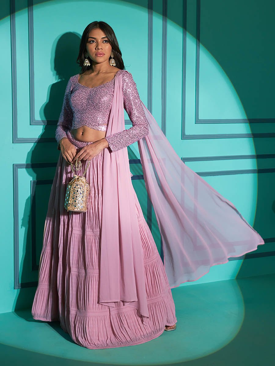 Dusty Pink Georgette Embroidered Designer Lehenga - Vamzn#