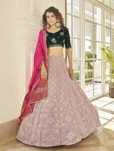 Dusty Pink & Green Georgette Embroidered Designer Lehenga - Vamzn#