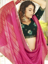 Dusty Pink & Green Georgette Embroidered Designer Lehenga - Vamzn#