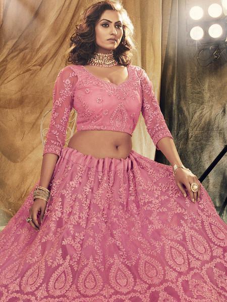 Dusty Pink Heavy Embroidered Net bridal Lehenga - Vamzn#