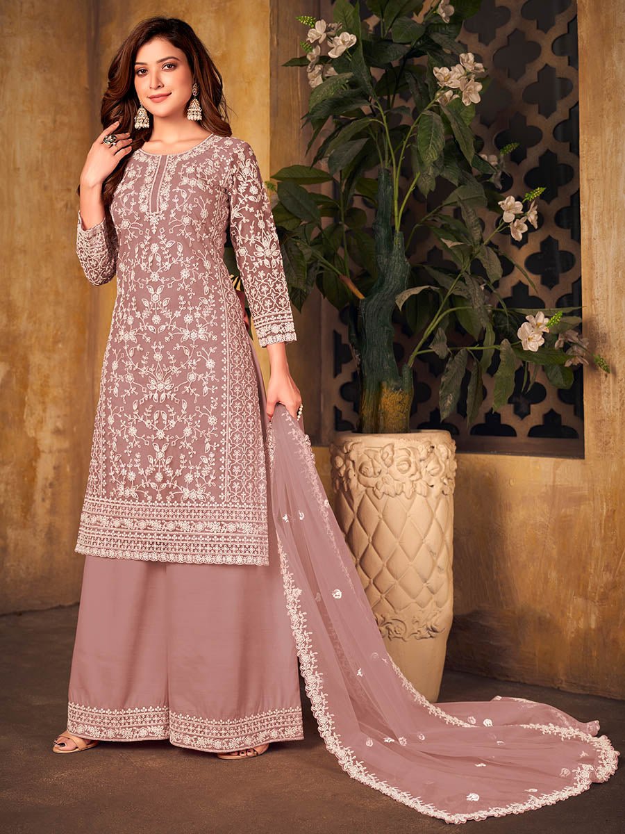 Dusty Pink Net Embroidered Palazzo Suit - Vamzn#