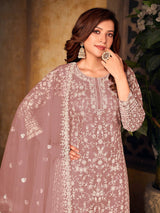 Dusty Pink Net Embroidered Palazzo Suit - Vamzn#