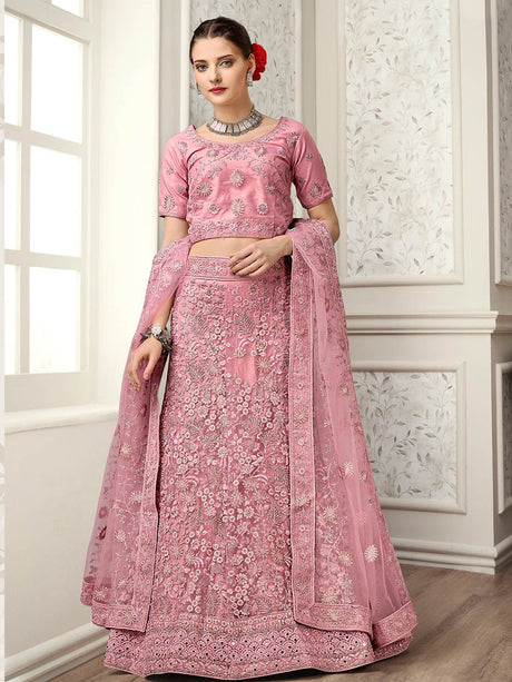 Dusty Pink Net Heavy Embroidered Lehenga Choli - Vamzn#