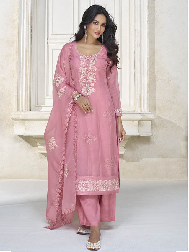 Dusty Pink Organza Silk Embroidered Pant Style Suit - Vamzn#