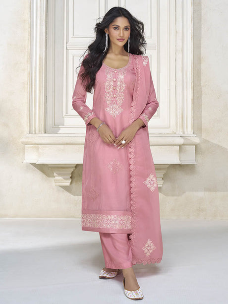 Dusty Pink Organza Silk Embroidered Pant Style Suit - Vamzn#