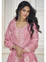 Dusty Pink Organza Silk Embroidered Pant Style Suit - Vamzn#