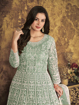 Dusty Pista Butterfly Net Embroidered Anarkali Suit - Vamzn#