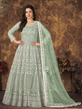 Dusty Pista Butterfly Net Embroidered Anarkali Suit - Vamzn#