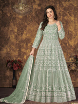 Dusty Pista Butterfly Net Embroidered Anarkali Suit - Vamzn#