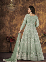 Dusty Pista Butterfly Net Embroidered Anarkali Suit - Vamzn#