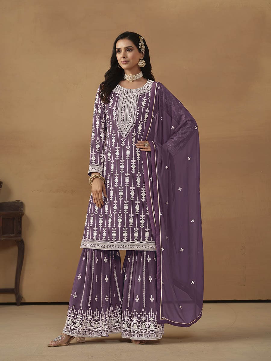 Dusty Purple Georgette Embroidered Palazo Suit - Vamzn#