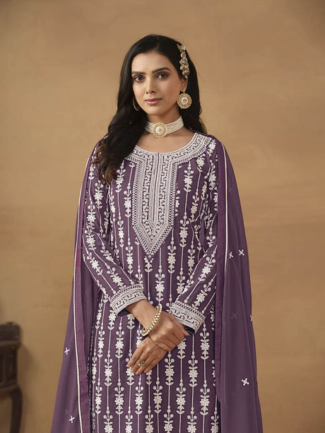 Dusty Purple Georgette Embroidered Palazo Suit - Vamzn#