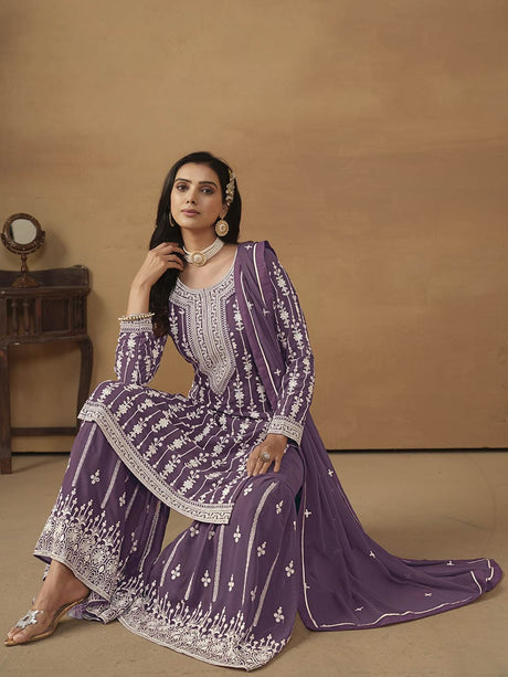 Dusty Purple Georgette Embroidered Palazo Suit - Vamzn#