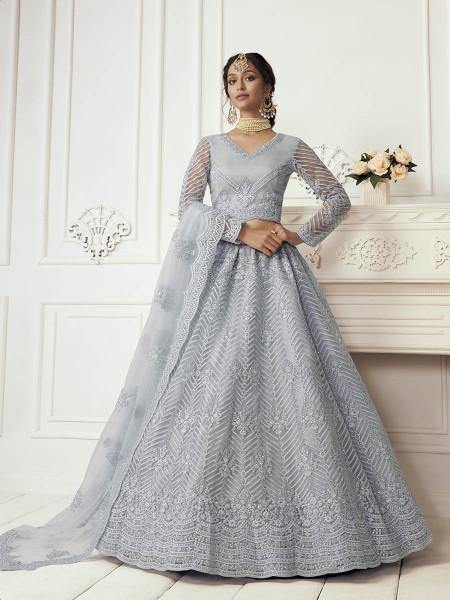 Dusty Sea Blue Heavy Embroidered Net bridal Lehenga - Vamzn#