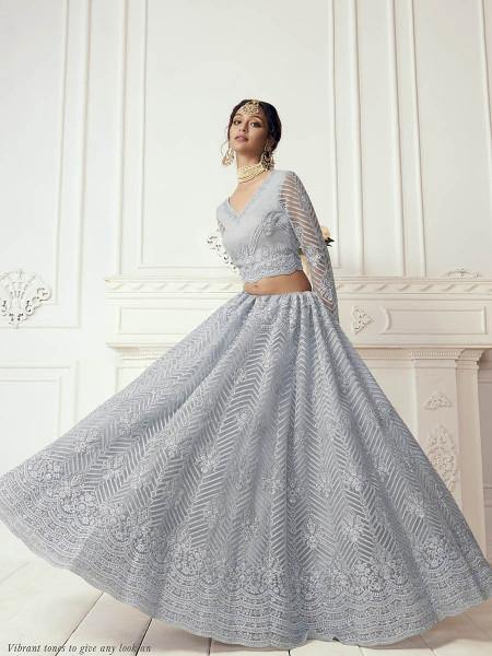 Dusty Sea Blue Heavy Embroidered Net bridal Lehenga - Vamzn#