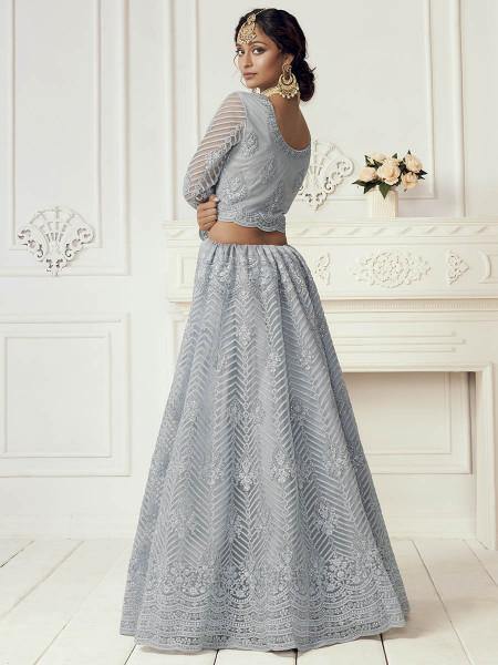 Dusty Sea Blue Heavy Embroidered Net bridal Lehenga - Vamzn#