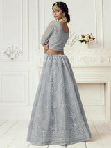 Dusty Sea Blue Heavy Embroidered Net bridal Lehenga - Vamzn#