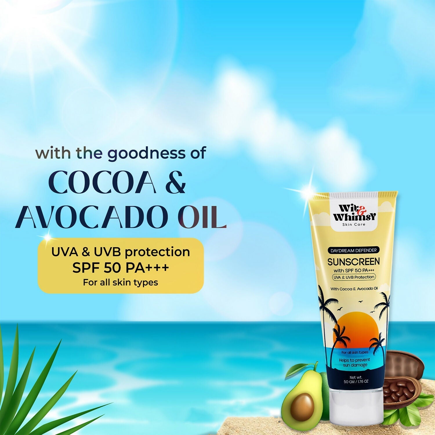 Wit and Whimsy Sunscreen With SPF 50 PA+++ Enriched with Cocoa & Avocado Oil sun protection and skin care