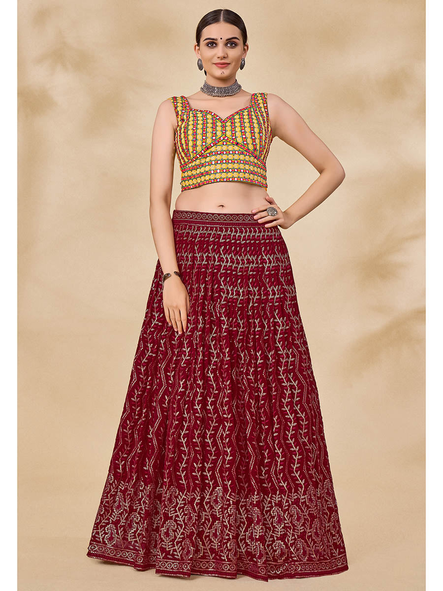 Maroon Georgette Embroidered Designer Lehenga