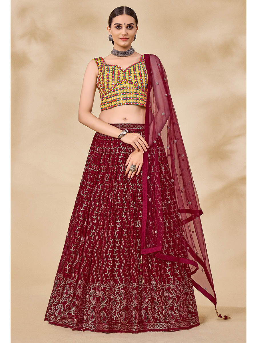 Maroon Georgette Embroidered Designer Lehenga