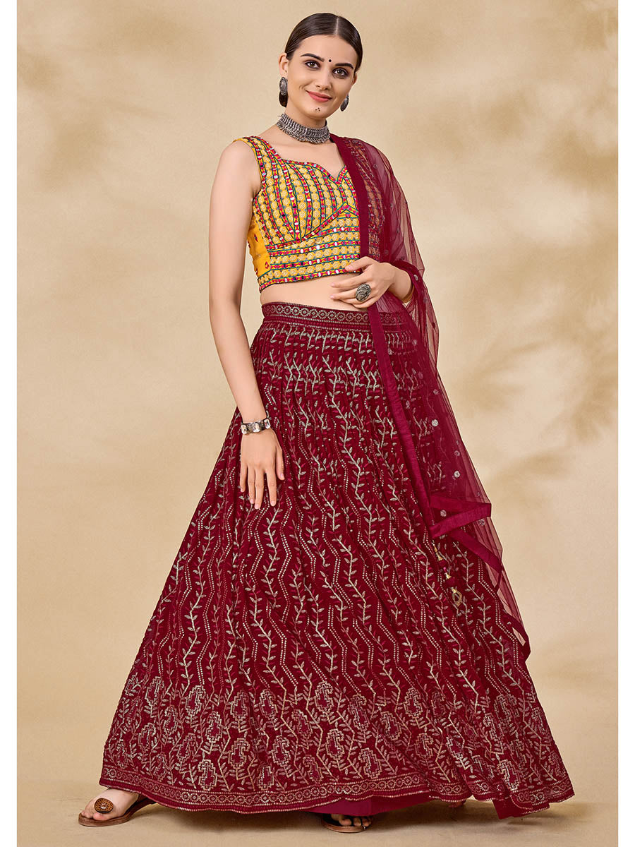 Maroon Georgette Embroidered Designer Lehenga