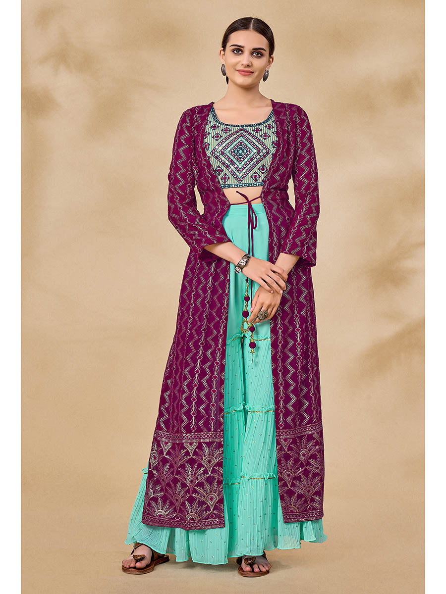 Wine Jacket Style Sharara Suit