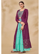 Wine Jacket Style Sharara Suit