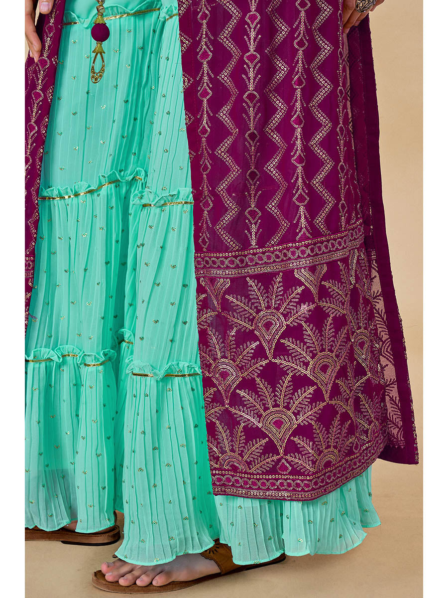 Wine Jacket Style Sharara Suit