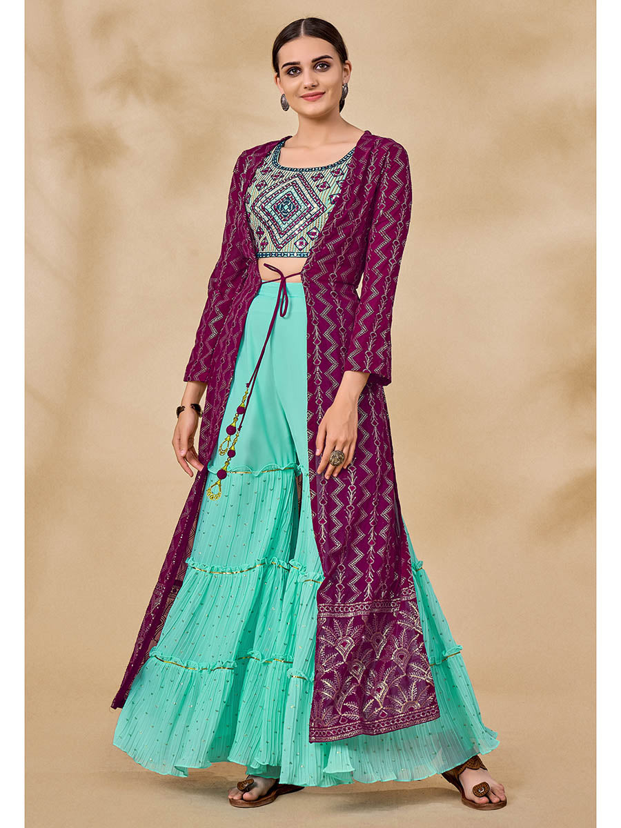 Wine Jacket Style Sharara Suit