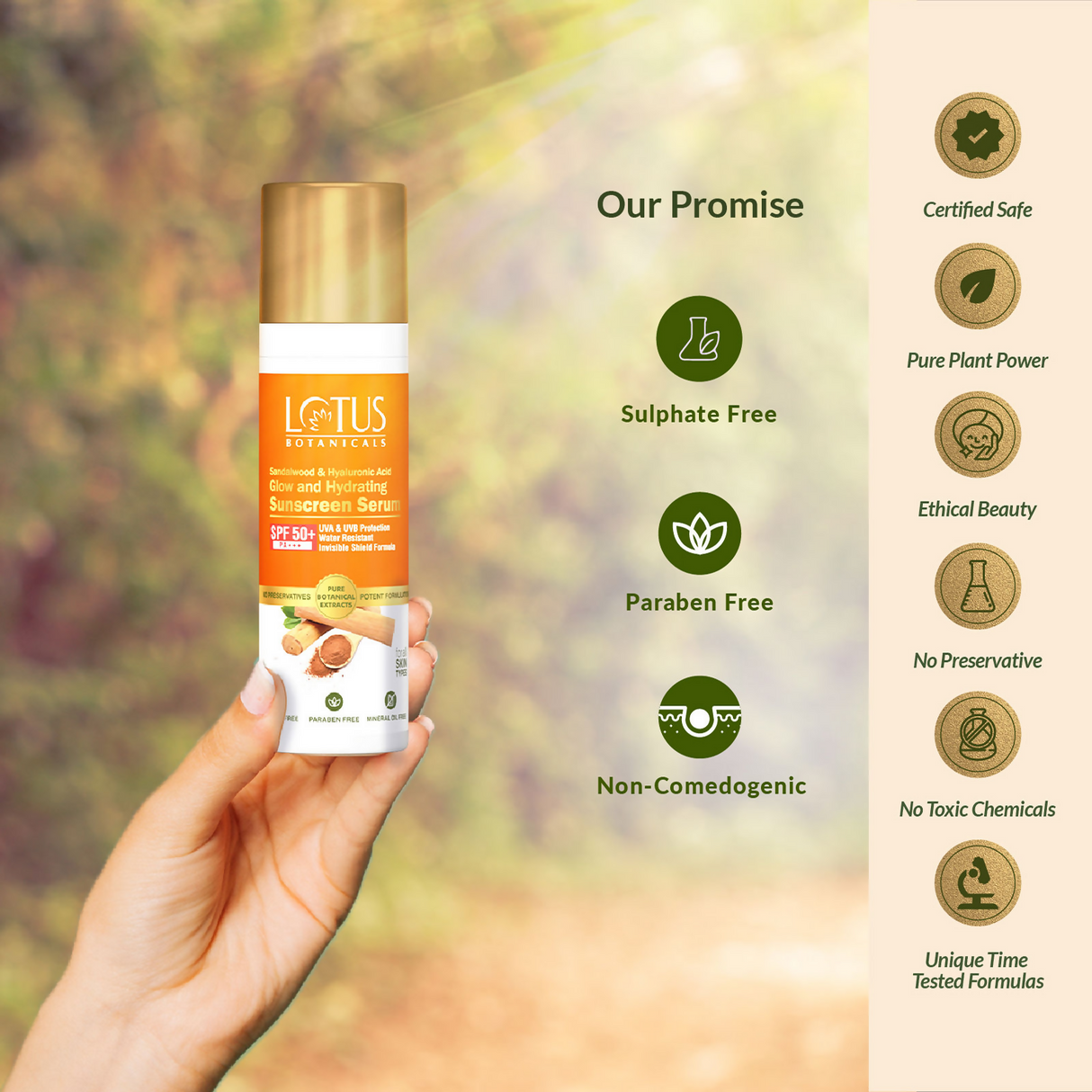Lotus Botanicals Sandalwood & Hyaluronic Acid Glow and Hydrating Sunscreen Serum, SPF 50+, PA+++