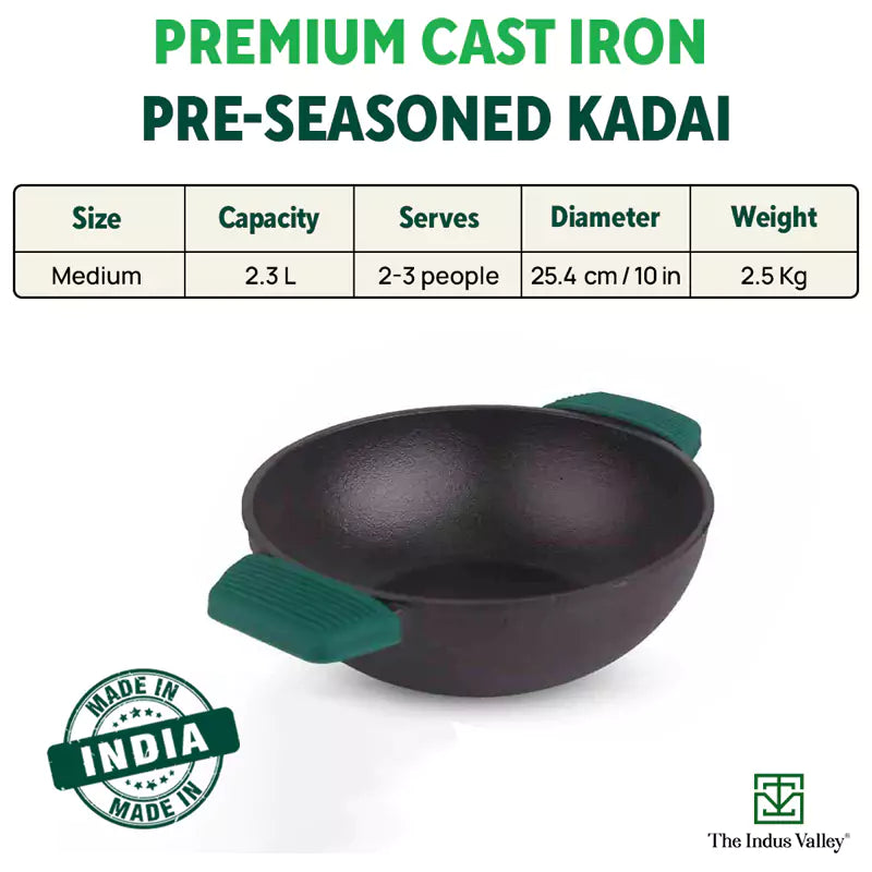 Super Smooth Cast Iron Kadai (Wok Model), Silicon Handle, Pre-seasoned, Nonstick, 100% Pure, Toxin-free, 25.4cm, 2.5L, 2.5kg