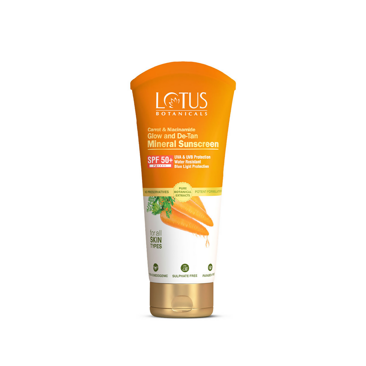 Lotus Botanicals Carrot & Niacinamide Glow and De-Tan Mineral Sunscreen, SPF 50+, PA++++