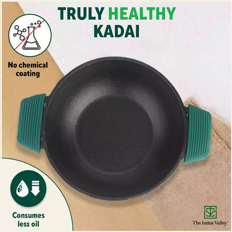 Super Smooth Cast Iron Kadai (Wok Model), Silicon Handle, Pre-seasoned, Nonstick, 100% Pure, Toxin-free, 25.4cm, 2.5L, 2.5kg