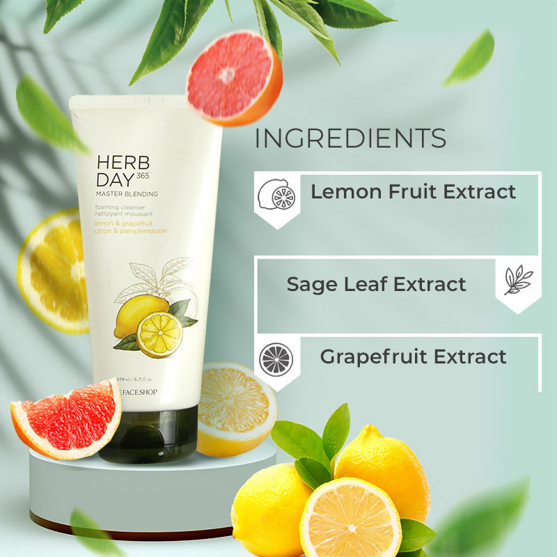 The Face Shop Herb Day 365 Master Blending Foaming Cleanser- Lemon & Grapefruit - Korean Skincare