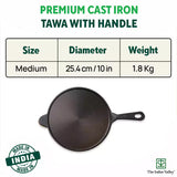 Super Smooth Cast Iron Tawa, Long Handle,Pre-seasoned, Nonstick, 100% Pure, Toxin-free, Induction, Free ₹110 Spatula, 26.3cm, 1.8kg