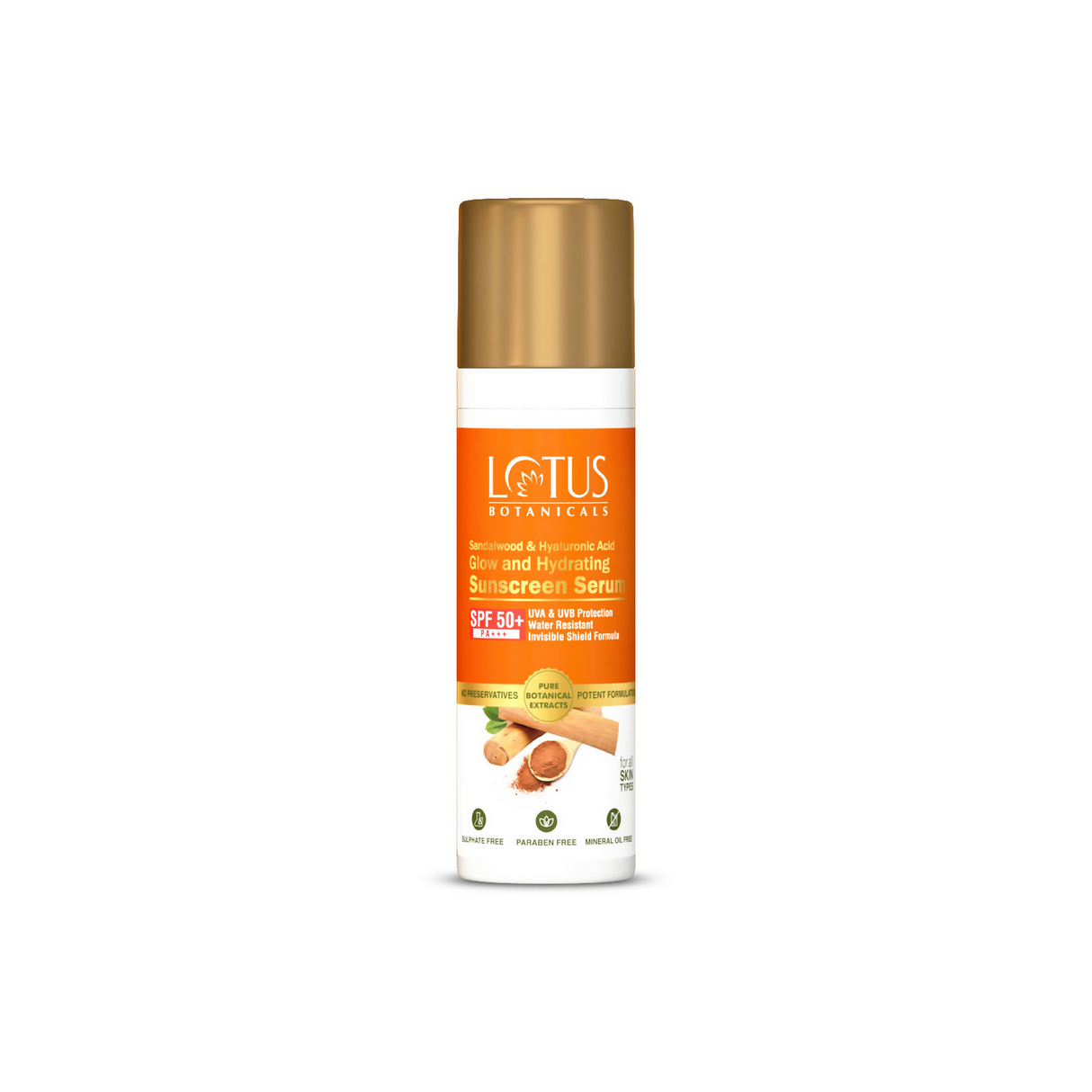 Lotus Botanicals Sandalwood & Hyaluronic Acid Glow and Hydrating Sunscreen Serum, SPF 50+, PA+++