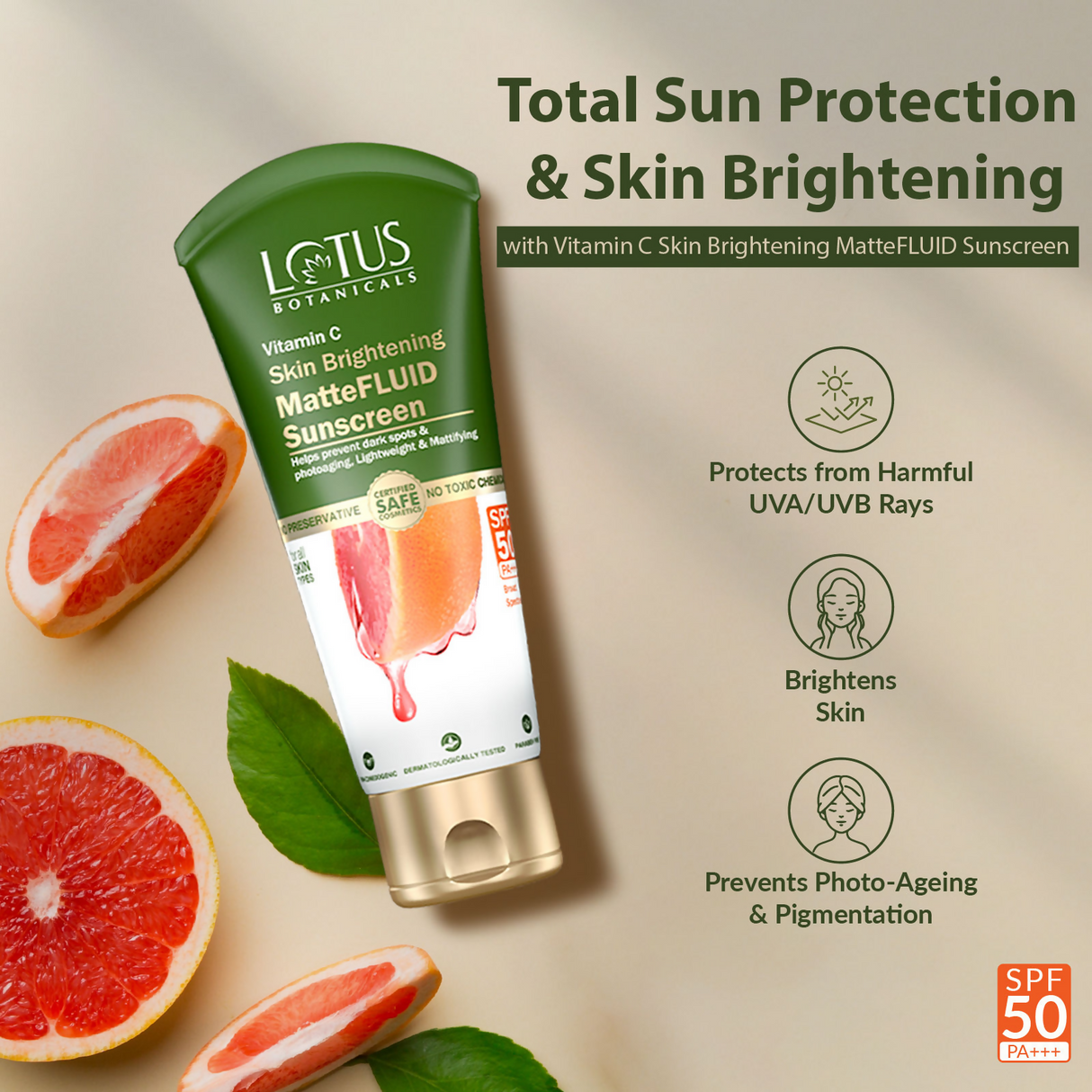 Lotus Botanicals 100x Vitamin C Matte Fluid Sunscreen, Sun Protect & Skin Brightening, SPF 50, PA+++